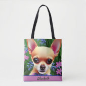 Fawn Chihuahua Puppy in Flower Meadow Personalized Draagtas (Voorkant)