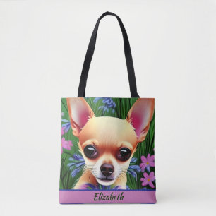 Fawn Chihuahua Puppy in Flower Meadow Personalized Draagtas