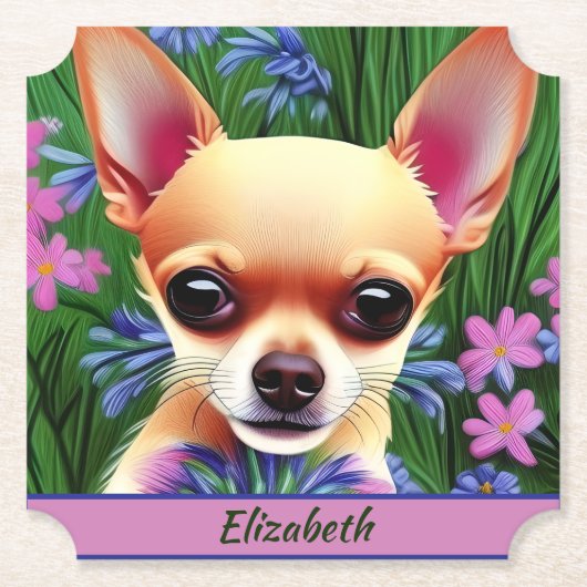 Fawn Chihuahua Puppy in Flower Meadow Personalized Kartonnen Onderzetters (Voorkant)