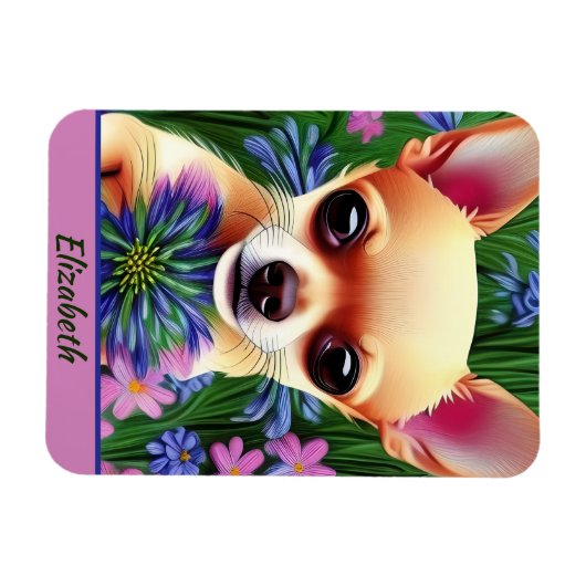 Fawn Chihuahua Puppy in Flower Meadow Personalized Magneet (Horizontaal)
