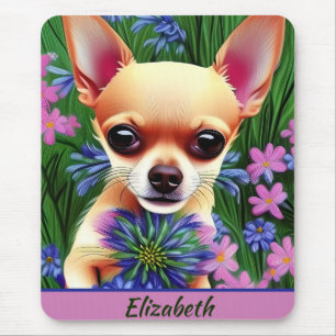 Fawn Chihuahua Puppy in Flower Meadow Personalized Muismat