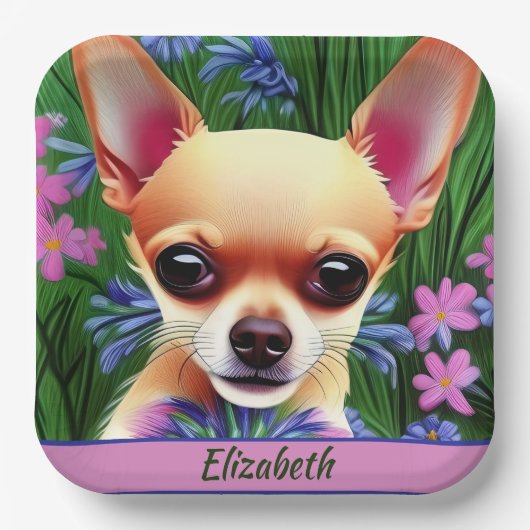 Fawn Chihuahua Puppy in Flower Meadow Personalized Papieren Bordje (Voorkant)