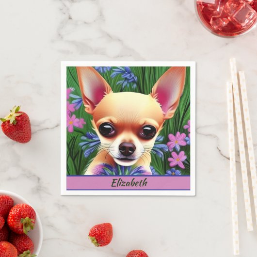 Fawn Chihuahua Puppy in Flower Meadow Personalized Servet (Insitu)
