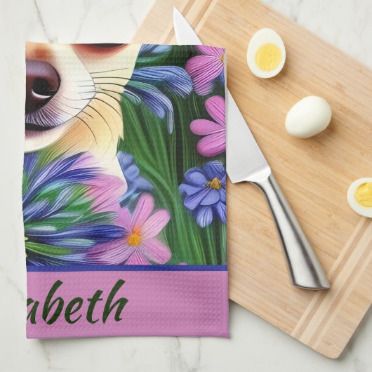 Fawn Chihuahua Puppy in Flower Meadow Personalized Theedoek (Quarter Fold)