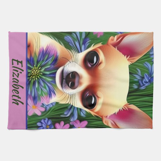 Fawn Chihuahua Puppy in Flower Meadow Personalized Theedoek (Horizontaal)
