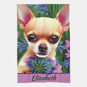 Fawn Chihuahua Puppy in Flower Meadow Personalized Theedoek