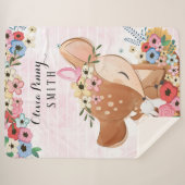 Fawn Deer Waterverf Flowers Pink Stripes + Name Sherpa Deken (Voorkant (horizontaal))