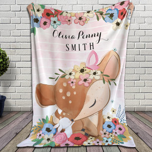 Fawn Deer Waterverf Flowers Pink Stripes + Name Sherpa Deken
