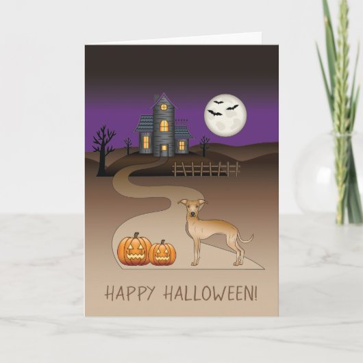 Fawn Iggy Cute Dog en Halloween Haunted House Kaart (Voorkant)