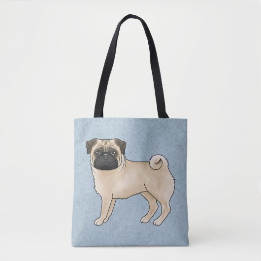 Fawn Kleur Schattige Pug Mops Cartoon Dog Ras Blau Draagtas (Voorkant)