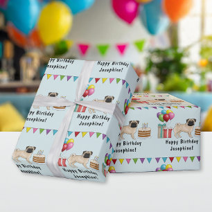 Fawn Pug Dog Cartoon Mops Kleurrijke Happy Birthda Cadeaupapier