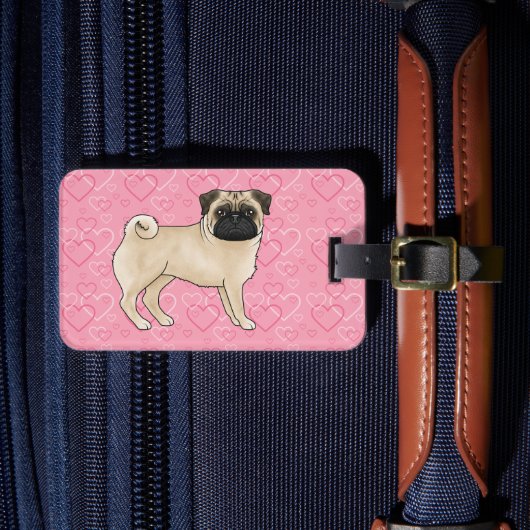 Fawn Pug Dog Cartoon Mops Love Heart Pattern Roze Bagagelabel (Voorkant Insitu 4)