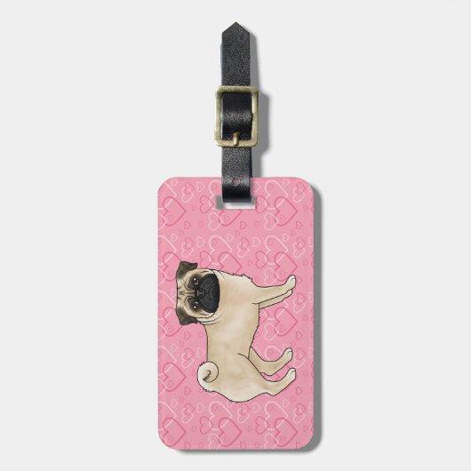 Fawn Pug Dog Cartoon Mops Love Heart Pattern Roze Bagagelabel (Voorkant verticaal)