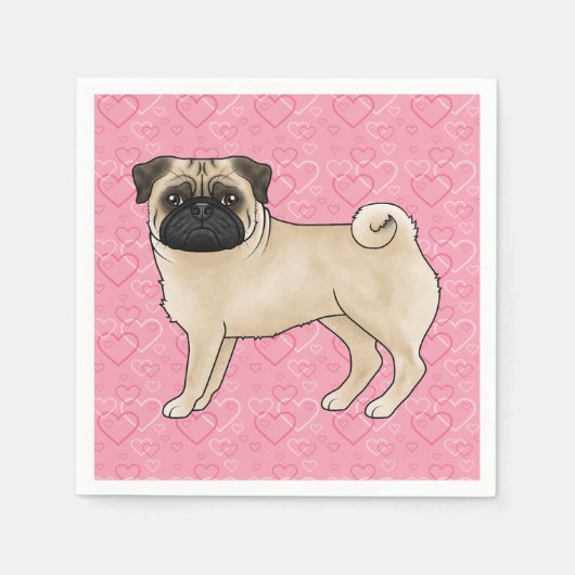 Fawn Pug Dog Cartoon Mops Love Heart Pattern Roze Servet (Voorkant)