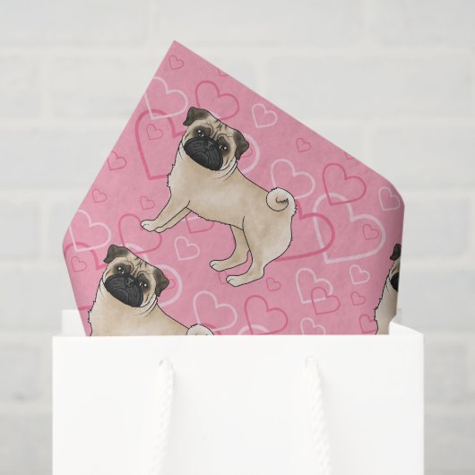 Fawn Pug Dog Cartoon Mops Love Heart Pattern Roze Tissuepapier (Cadeauzakje)