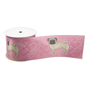 Fawn Pug Dog Cartoon Mops met hartenpatroon roze Lint