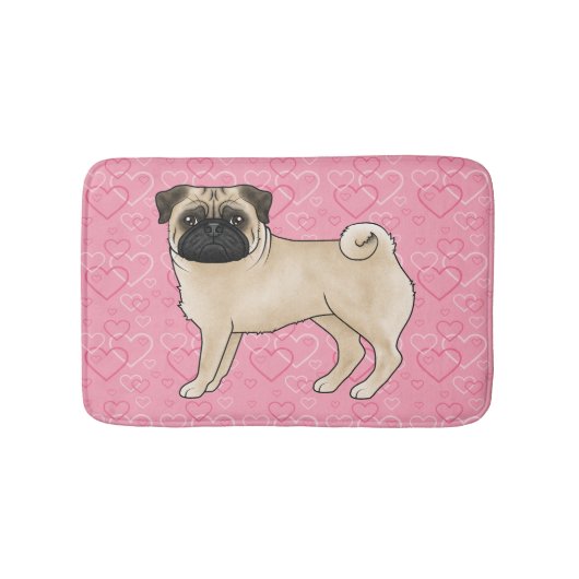 Fawn Pug Dog Cartoon Mops Roze Liefde Hart Patroon Badmat (Voorkant)