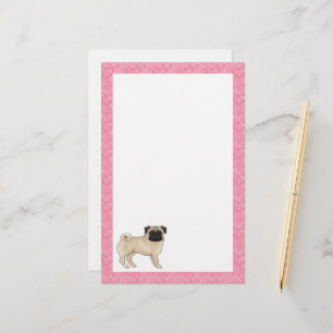 Fawn Pug Dog Cartoon Mops Roze Liefde Hart Patroon Briefpapier