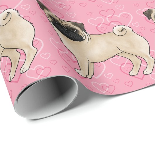 Fawn Pug Dog Cartoon Mops Roze Liefde Hart Patroon Cadeaupapier (Rol Hoek)
