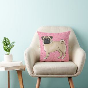 Fawn Pug Dog Cartoon Mops Roze Liefde Hart Patroon Kussen