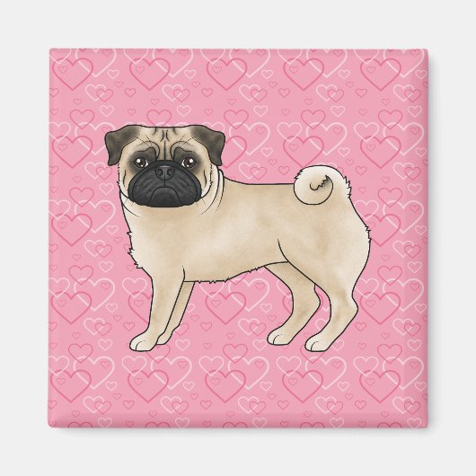 Fawn Pug Dog Cartoon Mops Roze Liefde Hart Patroon Magneet (Voorkant)