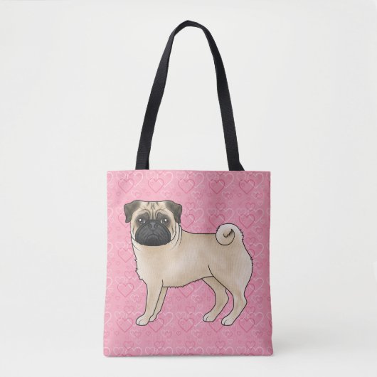 Fawn Pug Dog Cartoon Mops Roze Love Hearts Pattern Draagtas (Voorkant)