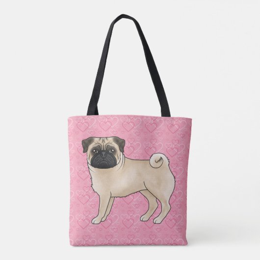 Fawn Pug Dog Cartoon Mops Roze Love Hearts Pattern Draagtas (Achterkant)