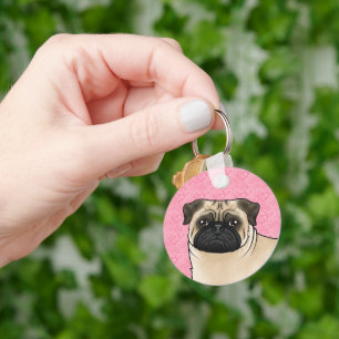 Fawn Pug Dog Head Close-up op roze liefdesharten Sleutelhanger