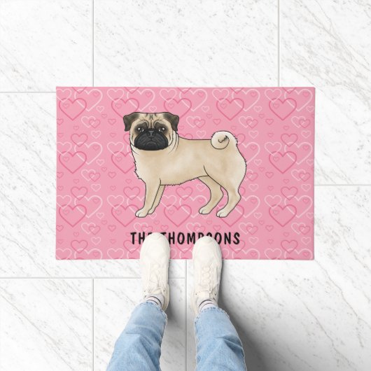 Fawn Pug Dog Schattige Mops en roze harten met naa Deurmat (Binnen)