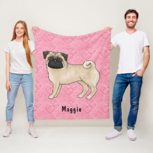 Fawn Pug Dog Schattige Mops en roze harten met naa Fleece Deken
