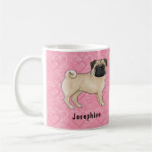 Fawn Pug Dog Schattige Mops en roze harten met naa Koffiemok (Links)