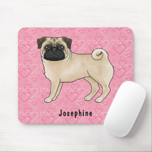Fawn Pug Dog Schattige Mops en roze harten met naa Muismat