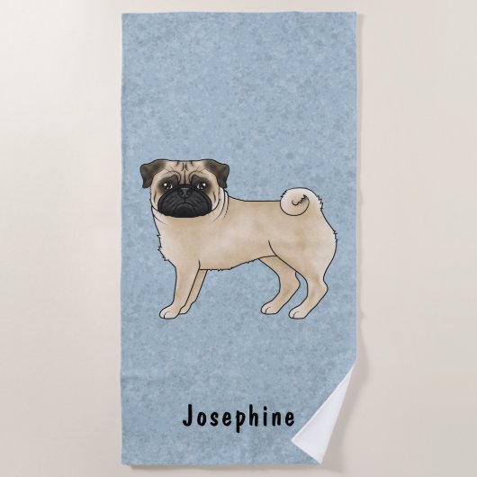 Fawn Pug Dog Schattige Mops Hondenras Design Blauw Strandlaken (Voorkant)