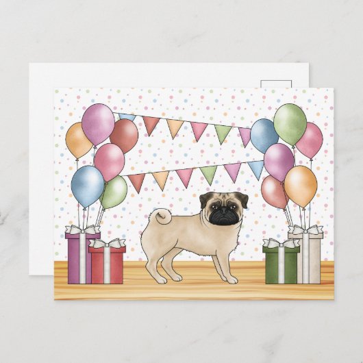 Fawn Pug Hond Kleurrijke Pastel Verjaardagsballonn Briefkaart (Voorkant / Achterkant)