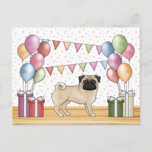Fawn Pug Hond Kleurrijke Pastel Verjaardagsballonn Briefkaart (Voorkant)