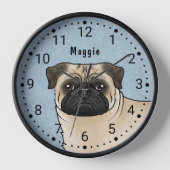 Fawn Pug Hondenras hoofd close-up en naam blauw (Voorkant)