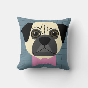 Fawn Pug, Roze Bowtie, Blauwe Brick Kussen