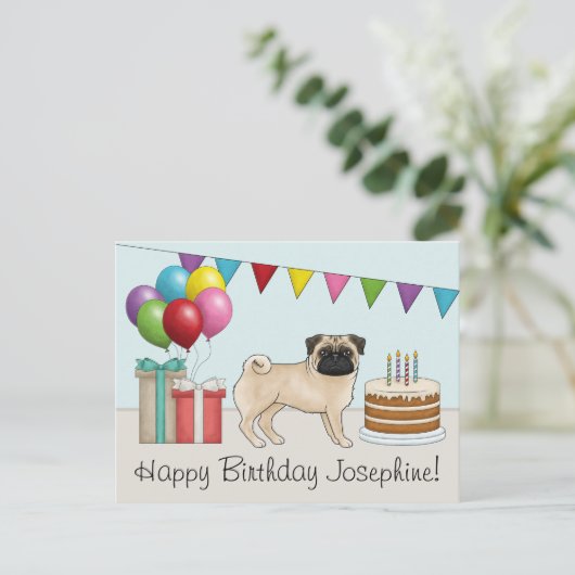 Fawn Pug Schattige Cartoon Dog Kleurrijke Happy Bi Briefkaart (Staand voorkant)