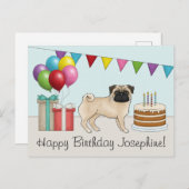Fawn Pug Schattige Cartoon Dog Kleurrijke Happy Bi Briefkaart (Voorkant / Achterkant)