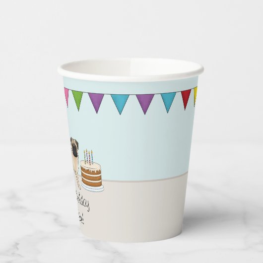 Fawn Pug Schattige Cartoon Dog Kleurrijke Verjaard Papieren Bekers (Links)