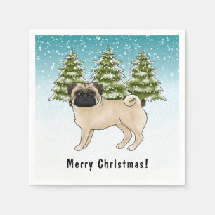 Fawn Pug Schattige Cartoon Dog Snowy Winter Forest Servet