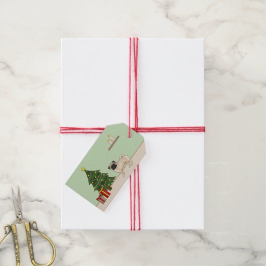 Fawn Pug Schattigee cartoon hond met een kerstboom Cadeaulabel (Met Touw)