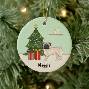 Fawn Pug Schattigee cartoon hond met een kerstboom Keramisch Ornament