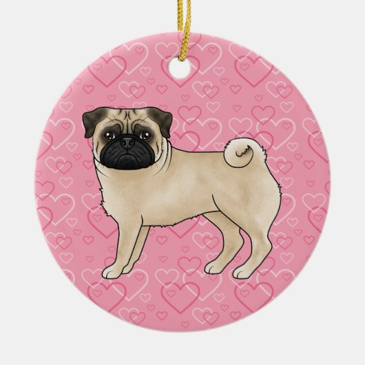 Fawn Pug Schattigee dweilen op roze harten Pet Mem Keramisch Ornament (Voorkant)