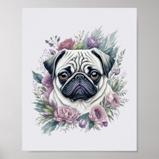 Fawn Pug Waterverf Floral Poster (Voorkant)