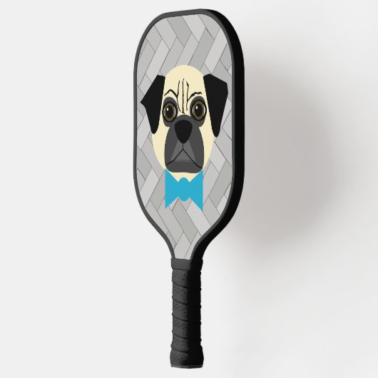 Fawn Pug with bowtie, Herringbone grey Pickleball Paddle (Links)