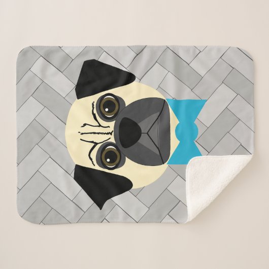 Fawn Pug with bowtie, Herringbone grey Sherpa Deken (Voorkant (horizontaal))