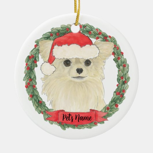 Fawn Tan Cream Long Haired Chihuahua Christmas Keramisch Ornament (Voorkant)