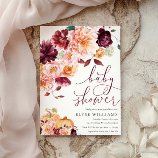 Faye Bourgogne Floral Herfst Baby shower Kaart