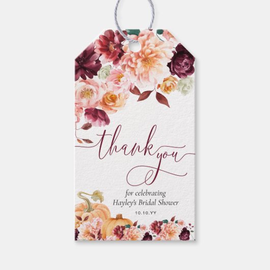 Faye Bourgogne Herfst Floral Dank u Vrijgezellenfe Cadeaulabel (Voorkant)